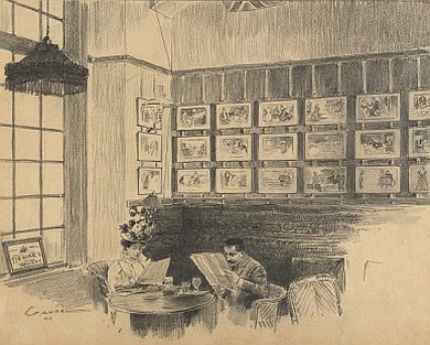 Homme et femme attablés lisant le journal ; sur le mur, des dessins ou tableaux sont exposés
